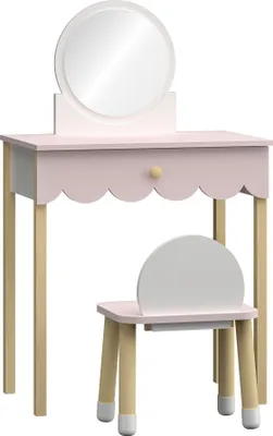 Produktbild von Kinderschminktisch mit Stuhl 'Vestnes' mit Schublade und Spiegel Baumwolle Candy / Weiß