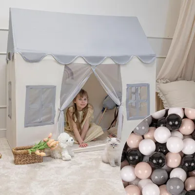 Immagine prodotto di KiddyMoon Tenda per bambini con 300 palline Pieghevole per la tenda da gioco per bambini Materiale durevole La tenda da gioco per bambini incoraggia la creatività Ideale per l'interno e l'esterno, Bianco-Grigio: Beige pastello/Grigio/Bianco/Nero