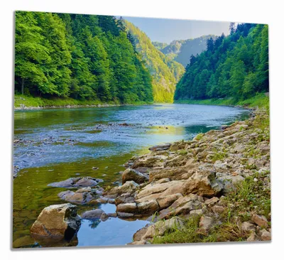 Produktbild von Wallario Herdabdeckplatte aus Glas, Größe 60 x 52 cm 1-teilig, Motiv Fluss in den Bergen an steinigem Ufer