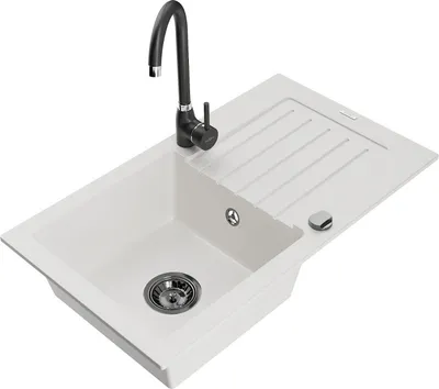 Produktbild von Mexen Pablo 1 Becken-Granitspüle mit Abtropffläche und Mischbatterie Telma, Weiß - 6510-20-670200-70
