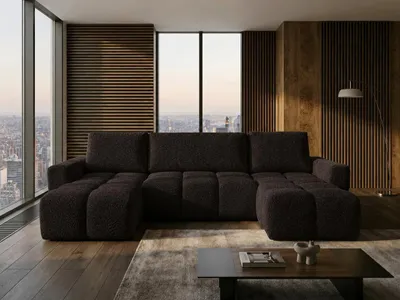 Produktbild von NORDELO Wohnlandschaft mit Schlaffunktion und Bettkasten RIVELLO 340x165x78 cm Schwarz - Schlafsofa U-Form mit Stauraum - Bouclé / Chenille ARENA