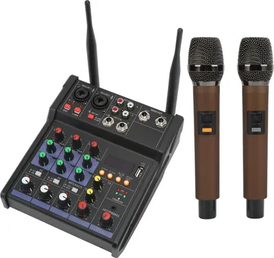 Obrázek produktu pro Malý čtyřkanálový stereofonní mixér Bluetooth se 2 bezdrátovými mikrofony, rodinný procesor pro živé vysílání