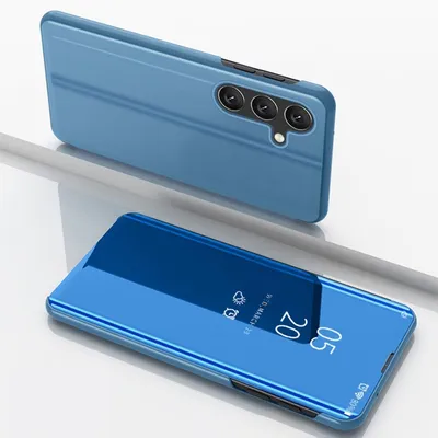A blue smartphone case with a mirrored front cover is shown in two orientations, one on top of the other.
