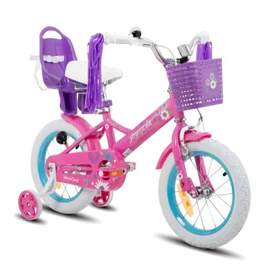 Produktbild von STITCH 14 Zoll Kinderfahrrad mit Stützrädern, Puppenfahrradsitz, Luftschlangen, Korb, Klingel, DIY-Aufklebern, Schutzblechen, für Mädchen,Lila