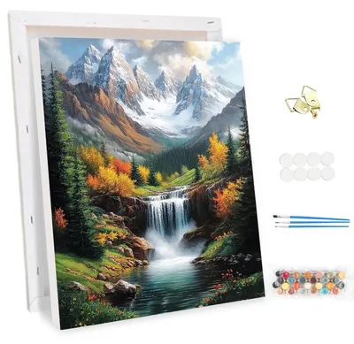 Obrázok produktu pre Sada na maľovanie podľa čísel pre dospelých, motív: horský vodopád, rozmery 30x40 cm, obsahuje akrylové farby, štetce a rám