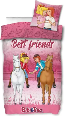 A children's bedding set featuring cartoon characters Bibi and Tina on horses, with a pink heart pattern and text.