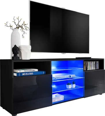 Produktbild von Komodee | TV-Schrank mit 3 Glasböden und 2 Türen Urbino, Korpus Schwarz Matt Frontfarbe Schwarz Hochglanz