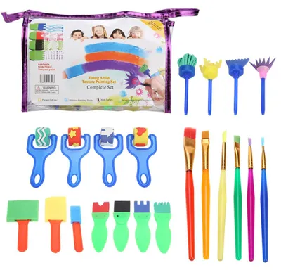 Productafbeelding van 26-delige kinderschilderset met penselen, sponsen, stempels en andere tekenaccessoires voor kinderspellen