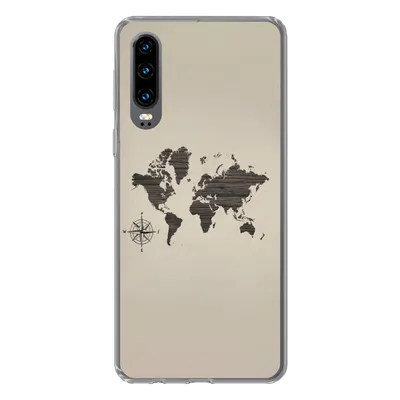 Produktbild von MuchoWow® Handyhülle Schutzhülle Hülle für Huawei P30 Weltkarte - Holz - Braun Silikon Softcase Handy Hülle - Kartenbesitzer