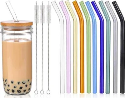 Produktbild von Bunte wiederverwendbare Glasstrohhalme 13-teilig mit 10 gebogenen Strohhalmen und 3 Reinigungsbürsten
