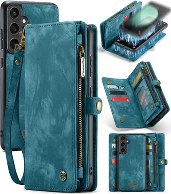 Produktbild von Schutzhülle für Samsung S23 FE, Vintage Multifunktions Kartenfächer Reißverschluss Lederhülle für Samsung Galaxy S23 FE Blau