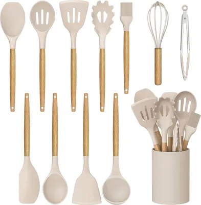 Produktbild von OKWISH Küchenhelfer Set Silikon - 12 Stück Küchenutensilien Set aus Silikon und Holzgriffen, Hitzebeständig, Antihaft und Leicht zu Reinigen, Kochutensilien Set auf Alle Töpfe & Pfannen Khaki