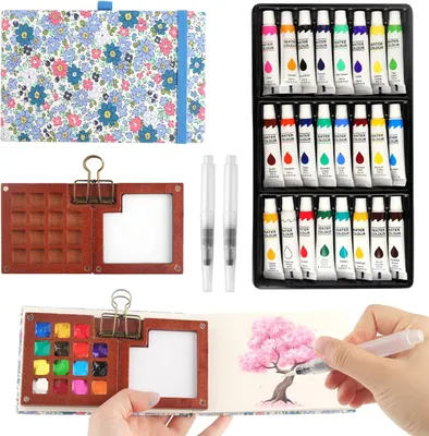 Productafbeelding van Mini aquareloset 24 kleuren, houten palet met papier, penseel en clip, voor kunstenaars