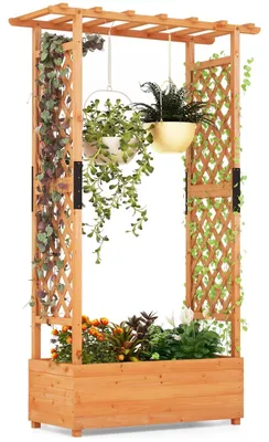 Productafbeelding van Houten Plantenbak - Verhoogde Tuinbak - Bloembak - Kruidenbak - Klimplantenbak - Met Klimhulp en Hangdak