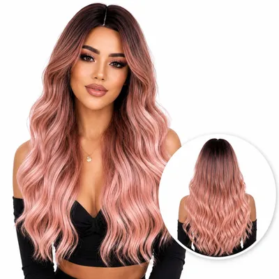 Produktbild von Rosa Perücke Frau - Langes gewelltes Haar - Balayage - Damenperücken - Perücken - Waschbar - Kämmbar - Hochwertig - Perücken Damen - 70 cm