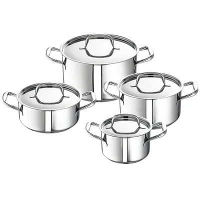 A set of four stainless steel pots with lids, arranged in a group on a white background.