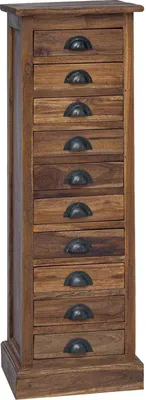 A tall, narrow wooden cabinet with ten drawers, each with a dark metal cup handle, is shown against a white background.