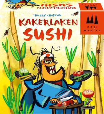 The image shows the packaging of a board game called Kakerlaken Sushi, featuring a cartoon cockroach chef preparing sushi.