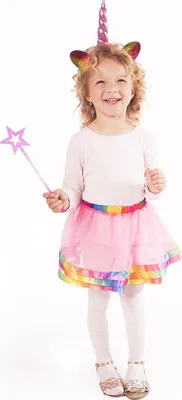 Produktbild von Regenbogen Einhorn Kostüm mit Röckchen, Zauberstab und Haarreifen mit Horn - für Kinder von 3 - 6 Jahren geeignet