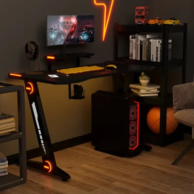 Produktbild von Gamingtisch, Gaming Schreibtisch mit LED-Beleuchtung, Computertisch mit Monitorständer, Getränkehalter und Kopfhörerhalter