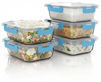 Produktbild von Arendo Frischhaltedosen Glas mit Deckel, Lunchbox, Vorratsdosen, 5er Set, rechteckig 1040 ml, stapelbar, auslaufsicher, Meal Prep, Mikrowellen-, ofen-, gefrier- und spülmaschinengeeignet