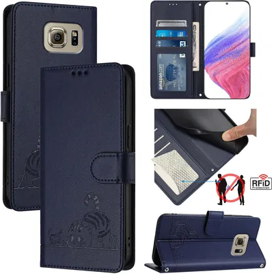 Produktbild von Leder Hülle für Samsung Galaxy S6 Süße Katze Flip Case Brieftasche Schutzhülle mit Standfunktion Blau