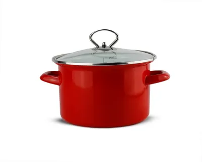 A red pot with a glass lid and silver handles, isolated on a white background.