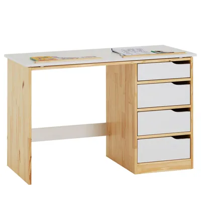 Produktbild von Kinderschreibtisch EMMA aus Kiefer Massivholz, natur/weiß - Schreibtisch mit neigungsverstellbarer Tischplatte, schöner Jugendschreibtisch mit 4 Schubladen