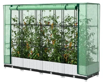 Produktbild von Haus & Garten, Rasen & Garten, Gartenarbeit, Töpfe & Pflanzgefäße, Hochbeet mit Gewächshausabdeckung, Rattan-Optik, 160 x 40 x 123 cm