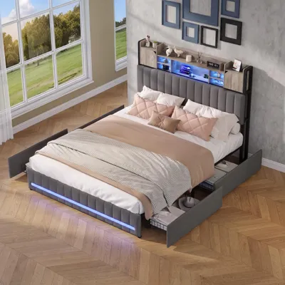 Produktbild von INONEFT Polsterbett 140x190cm mit USB und LED-Beleuchtung, Doppelbett Stauraumbett mit 4 Schubladen, Kopfteil mit Stauraum, Lattenrost, Leinen, Grau