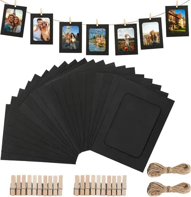 Produktbild von Fotorahmen Pappe 20 Stück, 11,5x15,5 cm, schwarz, mit Jutekordel und Holzklammern, für Party