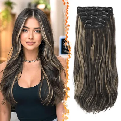Obrázek produktu pro Sponkové prodlužovací vlasy, 50 cm, vlnité, černá barva s příměsí blond, sada 5 kusů, syntetické