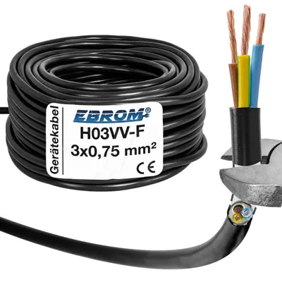 Produktbild von 50 Meter - EBROM - H03VV-F 3x0,75 mm² PVC Schlauchleitung, schwarz - Gerätekabel, LED Kabel, flexible Leitung, 3G0,75 mm2 Kunststoffschlauchleitung, Kabel für Haushaltsgeräte, Stromleitung, Stromkabel