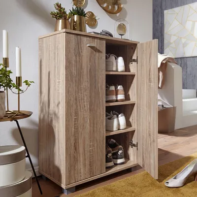 Zdjęcie produktu dla Szafka na buty FineBuy Sonoma – nowoczesna szafka drewniana na 12 par butów, 4 przegródki, 2 drzwiczki, regał na buty 60 x 90 x 35 cm, zajmująca mało miejsca, komoda na buty, szafka do przedpokoju z półką