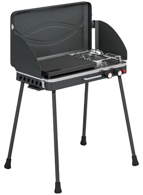 Produktbild von Tragbarer Gasgrill 2 Brenner 7 kW 2-in-1 Tischgrill mit Braten klappbar Beinen Grillrost Windschutz Deckel Verschluss