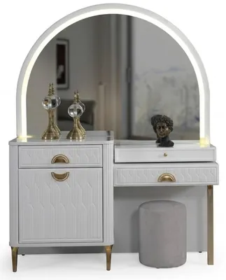 Immagine prodotto di Tavolino da trucco, specchiera, illuminazione LED, bianco e oro, design moderno ed elegante