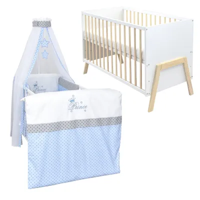 Produktbild von Babybett Kinderbett Gitterbett Juna 60x120 Weiß Schutzgitter Matratze Bettwäsche Set 10tlg Prince Stars