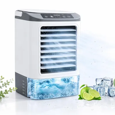 Produktbild von Tragbarer Luftkühler mit 900 ml Wassertank,Mini Ventilator, Verdunstungskühler mit 4 Windstufen, LED Licht und Kühlakku für Zuhause, Büro und Camping