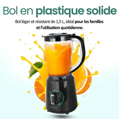 Image de Emerio blender 1,5L – mixeur à smoothies - 2 vitesses – lame en acier inoxydable & compatible lave-vaisselle – 500W – blender à emporter BL-124816.8