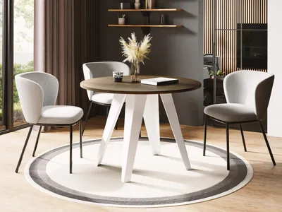 Produktbild von Esstisch Glory Weiß im Industriestil - Modern, Rund - Ausziehbar von 90 cm bis 130 cm, mit Pulverbeschichteten Metallbeinen, Tisch für Kleine Küche - Lefkas Eiche