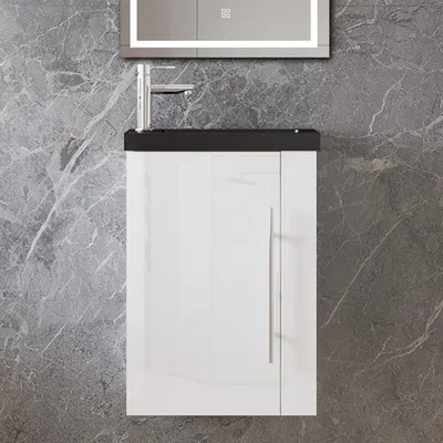 Produktbild von 45 cm Badmöbel Set Gäste WC Schwarz Waschbecken mit Unterschrank Kleines Badezimmerschrank mit Soft Close Hochglanz Weiß