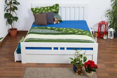 Produktbild von Doppelbett / Funktionsbett "Easy Premium Line" K8 inkl. 4 Schubladen und 2 Abdeckblenden, 160 x 200 cm Buche Vollholz massiv weiß lackiert