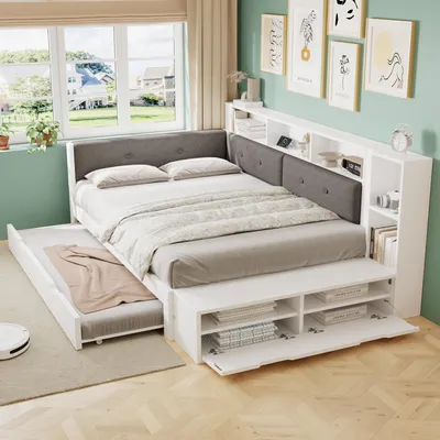 Immagine prodotto di Letto a castello in legno Merax, 120x200 cm, con letto estraibile 90x190 cm, dotato di vano contenitore, testiera imbottita, ripiani e spazio per scarpe, colore bianco
