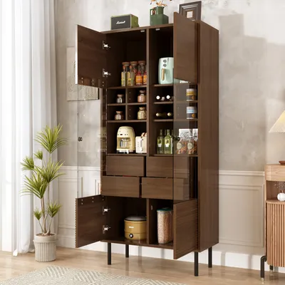 Produktbild von okwish Mehrzweig-Vitrinen Hochschrank Barregal mit Glasvitrinenbereich versteckter Schublade,Beistellschrank mit verstärkter Rückwand,Buffetschrank mit Glasfront,Nussbaum