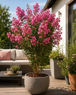 Obrázek produktu pro Lagerstroemia indica, růžová, výška 40–60 cm. Krepmyrta růžová v květináči o objemu 2,5 litru. Ideální pro zahrady, květináče, balkony a terasy, Obrázek vytvořený pomocí AI