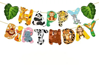Image de Guirlande d'anniversaire sur le thème des animaux de la jungle pour enfants, bannière de décoration pour fêtes, baby shower, accessoires pour fêtes à thème