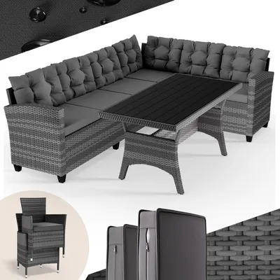 Image de Salon de Jardin en polyrotin Gris 8 Personnes Mobilier de Jardin avec Coussins Meuble Extérieur Mobilier de Terrasse Patio