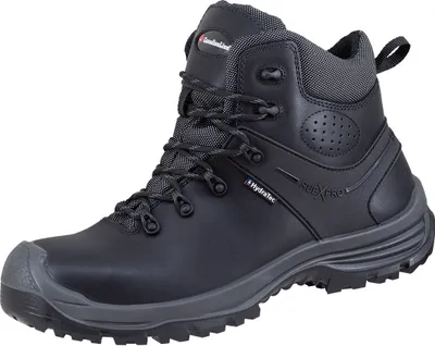 A black work boot with gray accents is shown against a white background.