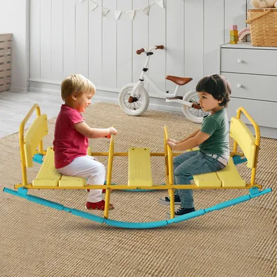 Obrázek produktu pro okwish Zahradní houpačka pro děti (132,99 cm) pro tři osoby s kovovým rámem a EVA pěnou, Venkovní houpačka s zaoblenými hranami, Modrá, Žlutá