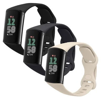 Produktbild von kwmobile 3x Uhrenarmband für Fitbit Charge 6 / Charge 5 Armband - Fitnesstracker Band Set aus TPU Silikon - Ersatzarmband Smartwatch - Schwarz
